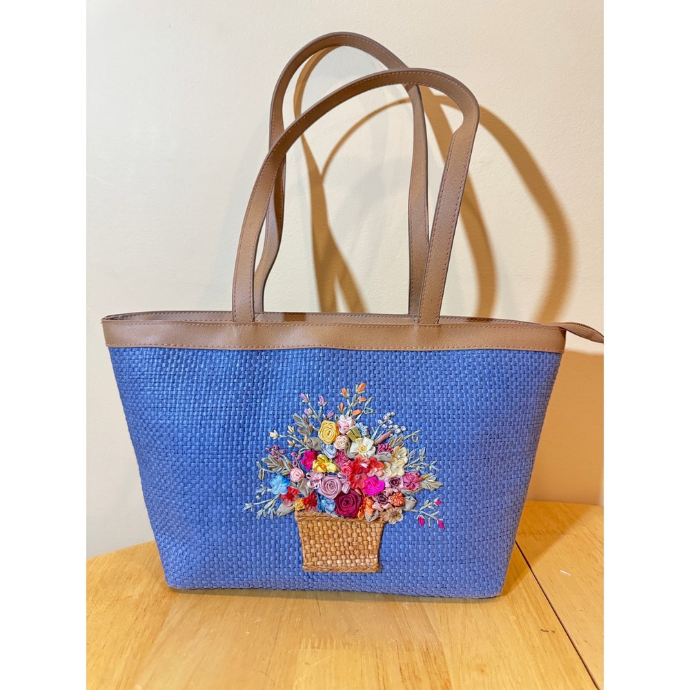 Cappelli Straworld Blue Woven Tote Bag Ribbon Floral Embroidery Shoulder Bag